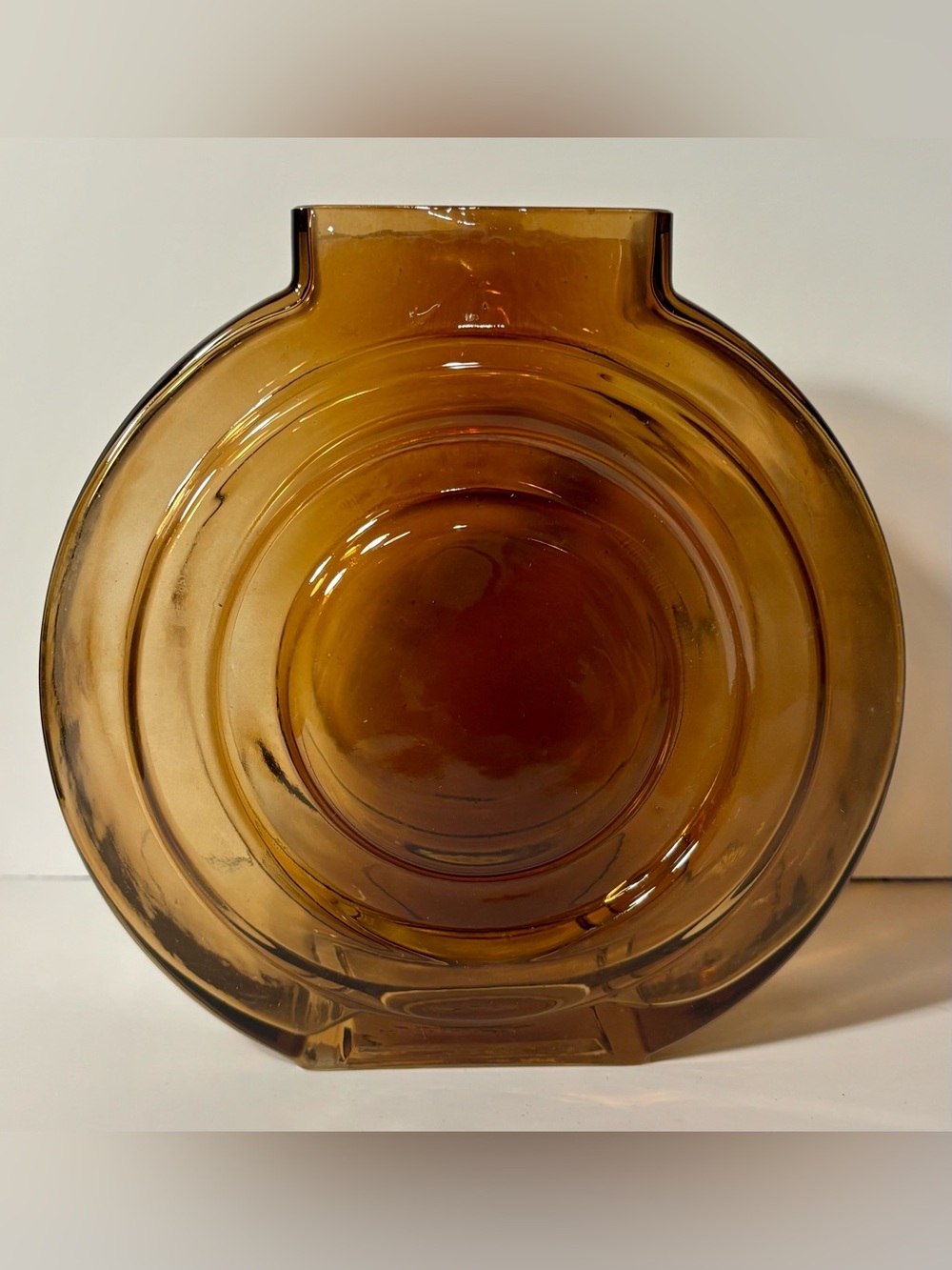 Vintage Amber Glass Hoop Canteen Vase MCM Concentric Ring Statement Art Glass